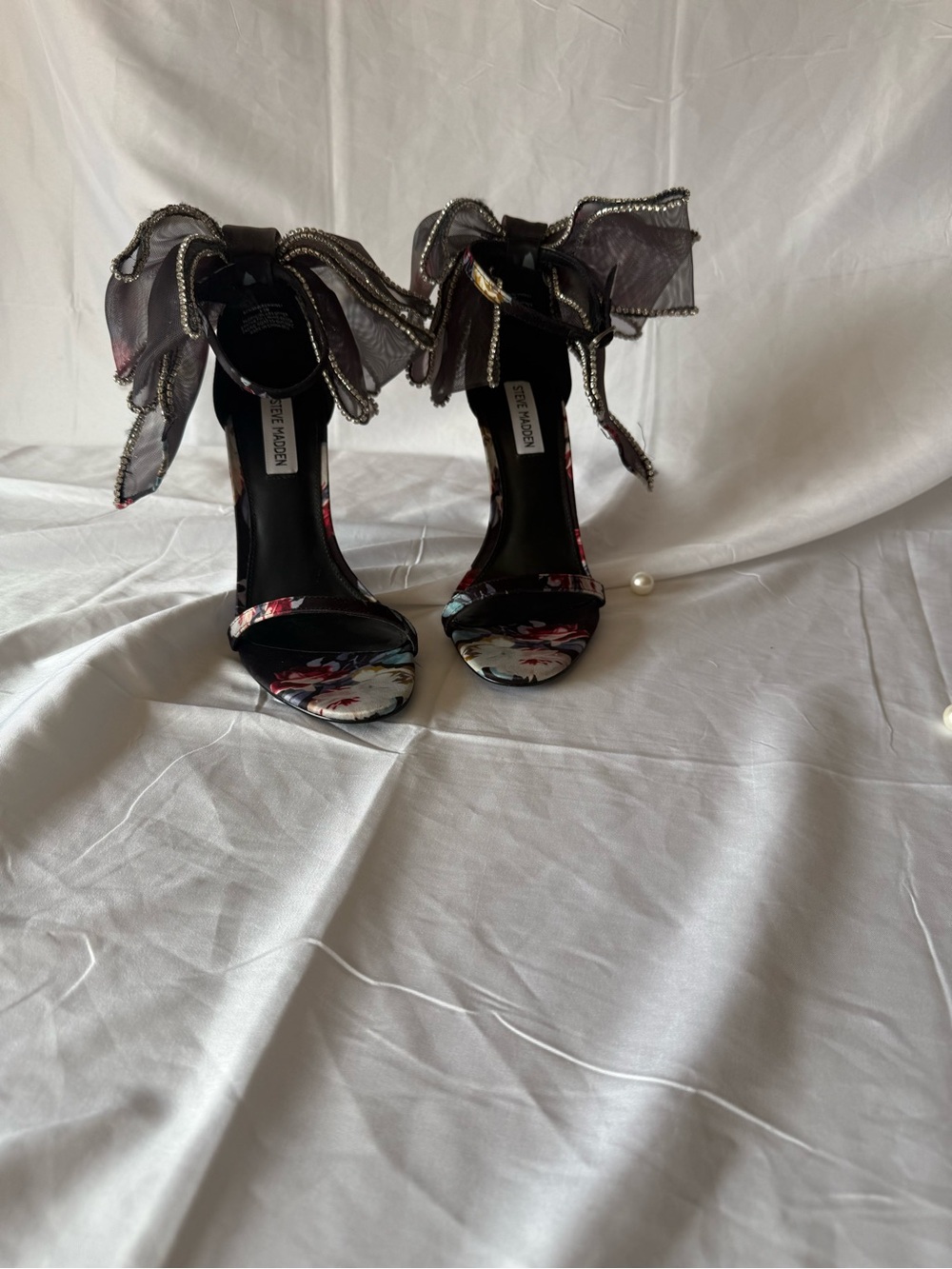 Steve Madden Black Floral Satin High-Heel Sandals with Sheer Bow